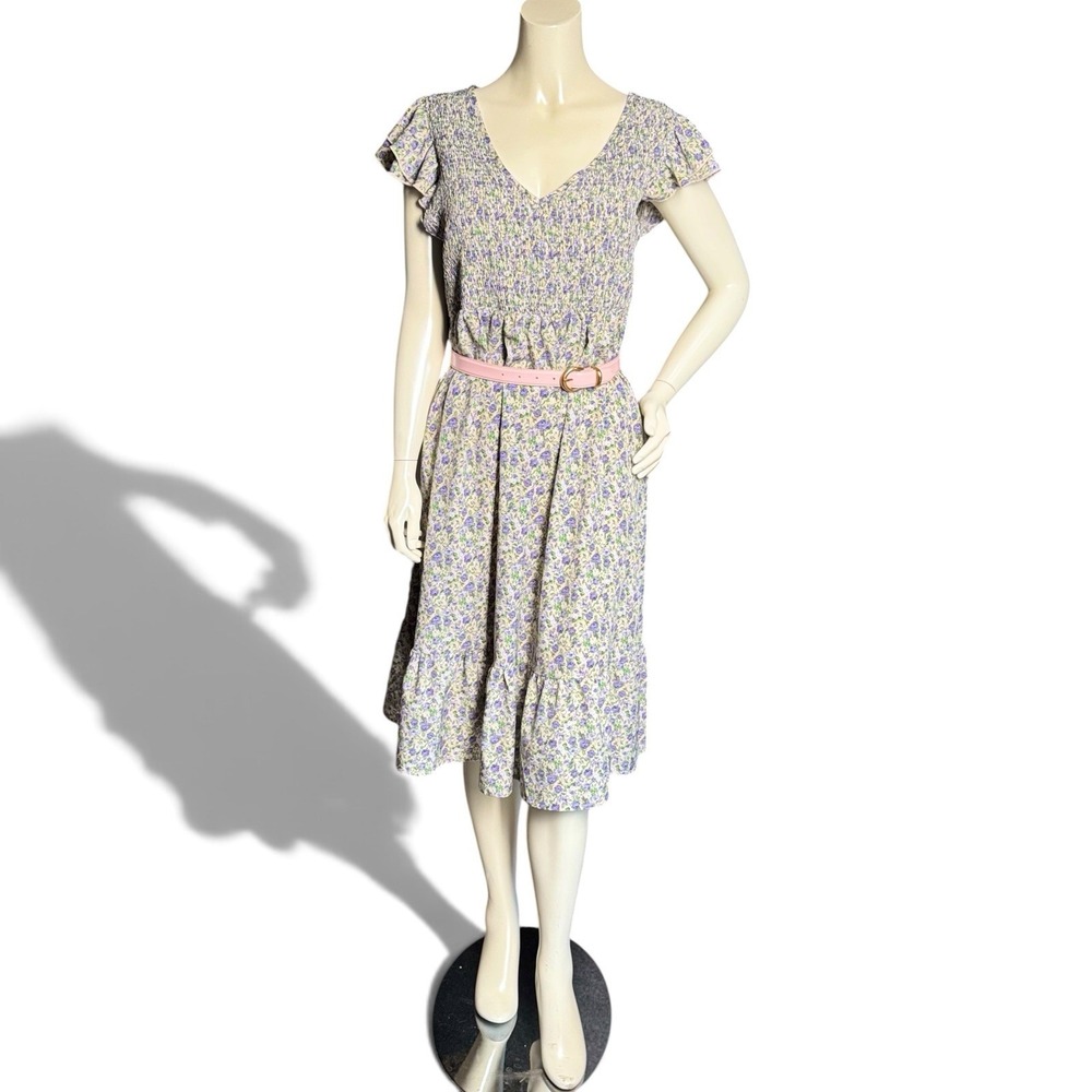Floral Milkmaid XL Smocked Midi Dress V Neck Flutter Sleeve Cottagecore Prairie